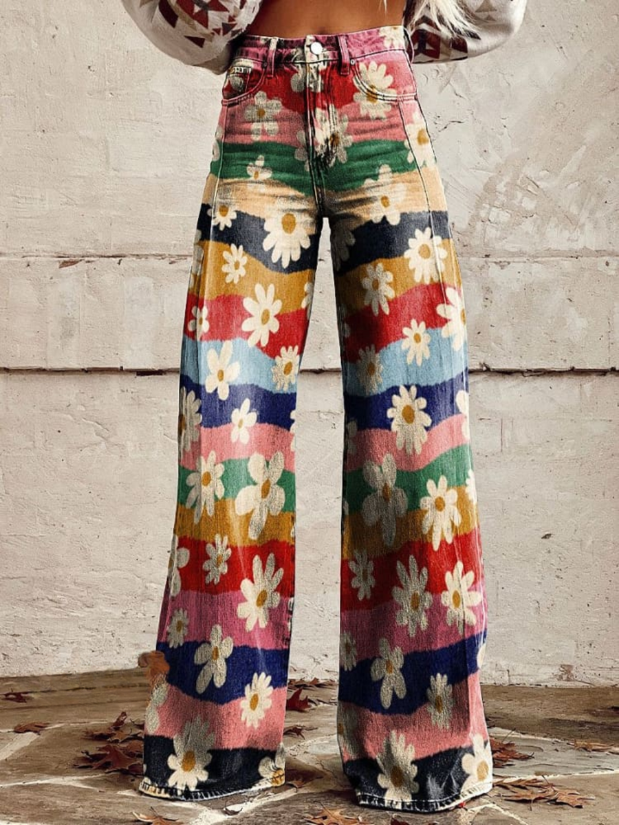 Lily | Vintage Colourful Striped Floral Printed Wide Leg Pants