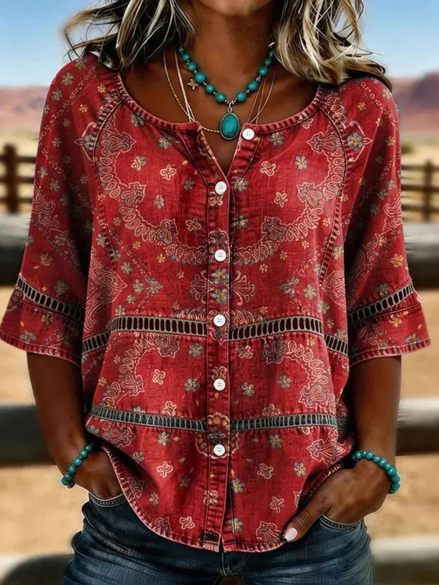 Vintage Ethnic Print Round Neck 3/4 Sleeve Blouse