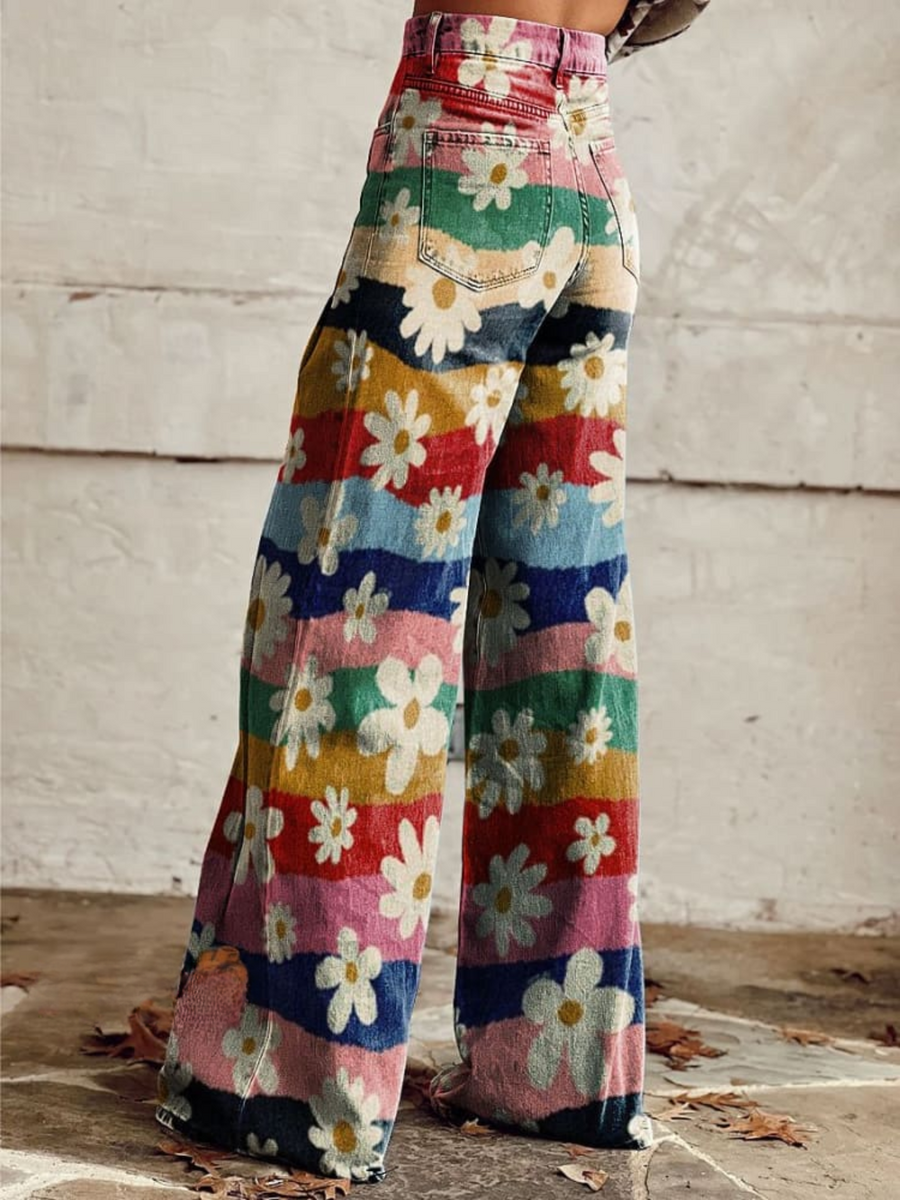 Lily | Vintage Colourful Striped Floral Printed Wide Leg Pants