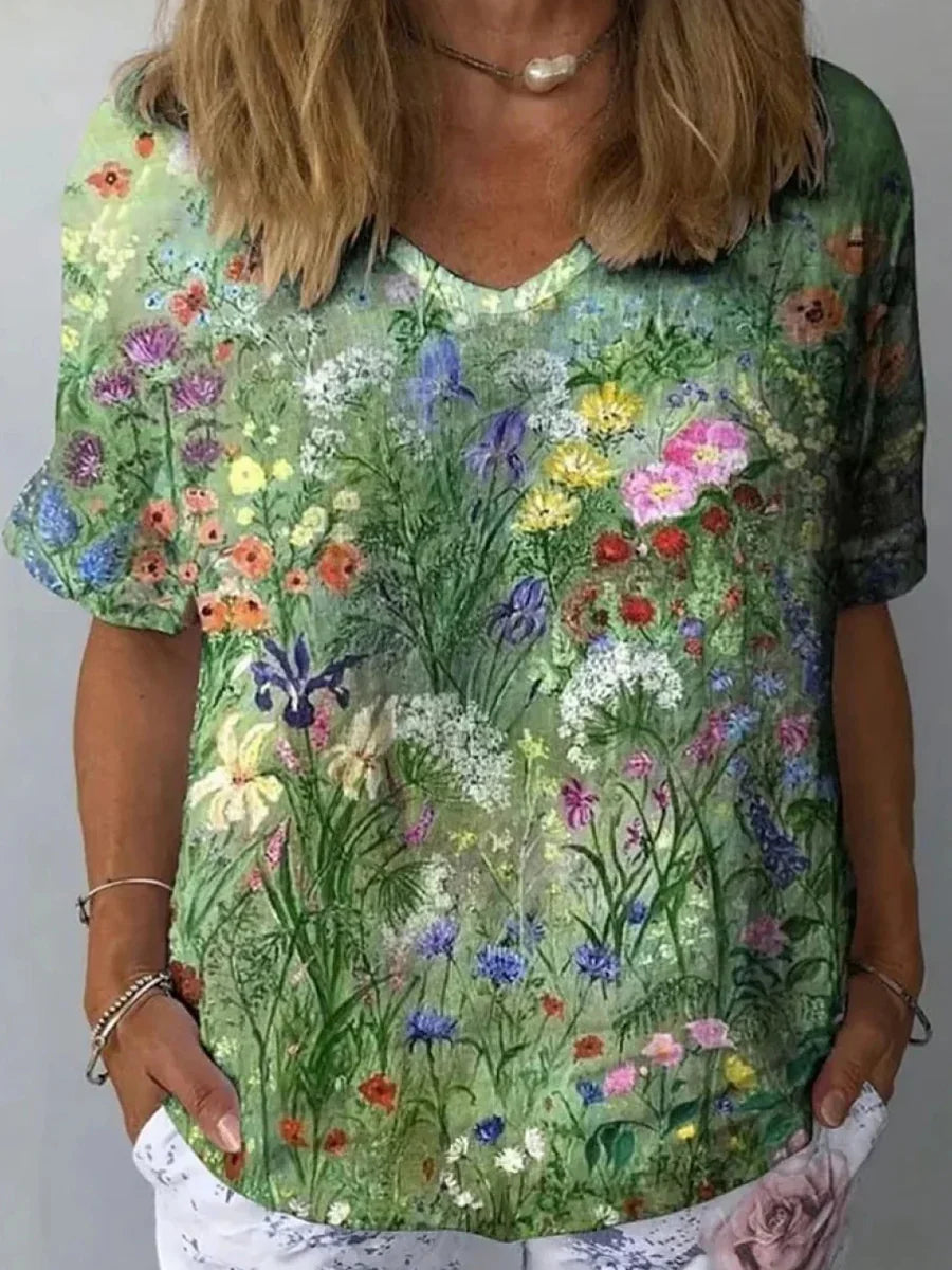 Casual Youthful Floral Print V-neck Short Sleeve Top