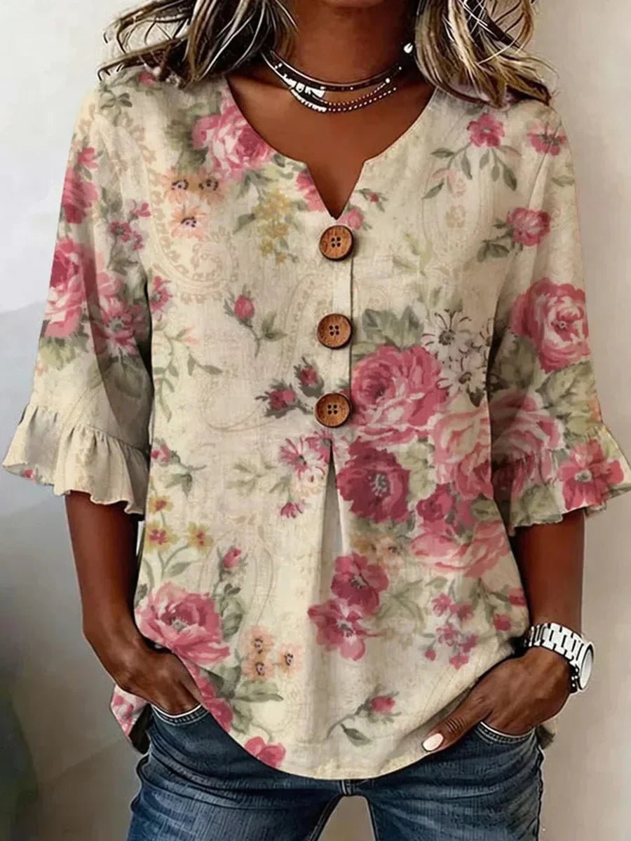 Retro Floral Print V-Neck 3/4 Sleeve Blouse