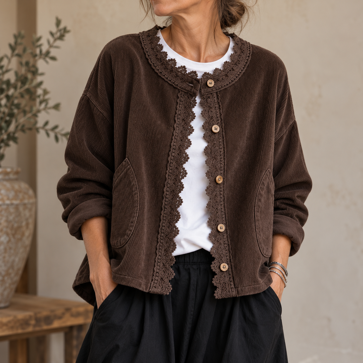 Maeve | Lace-Trim Corduroy Cardigan
