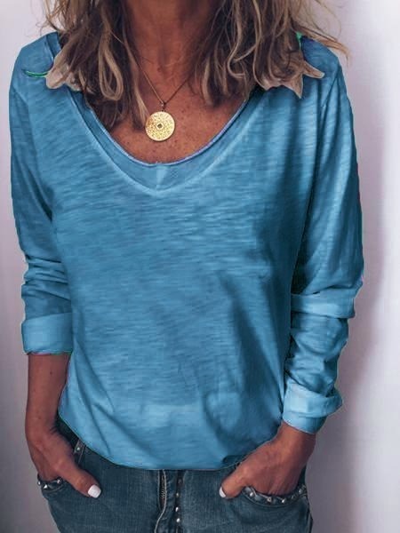 Plain Crew Neck Long Sleeve Basic Blouse