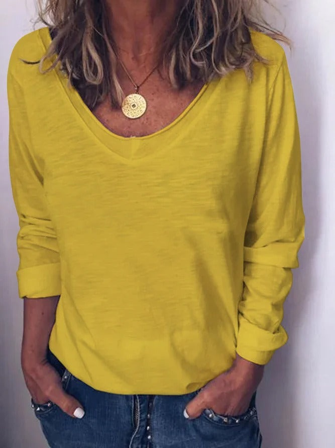 Plain Crew Neck Long Sleeve Basic Blouse
