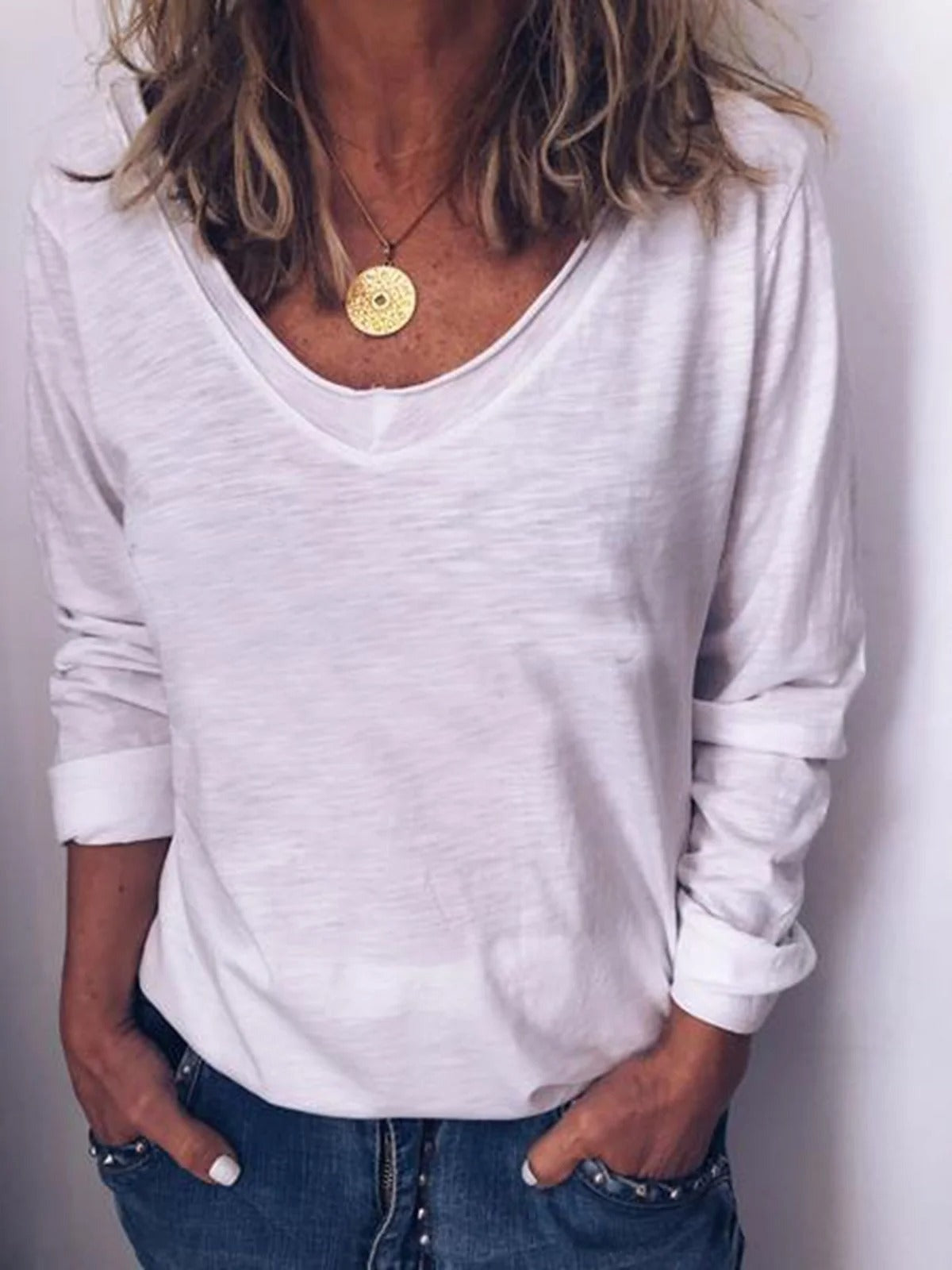 Plain Crew Neck Long Sleeve Basic Blouse