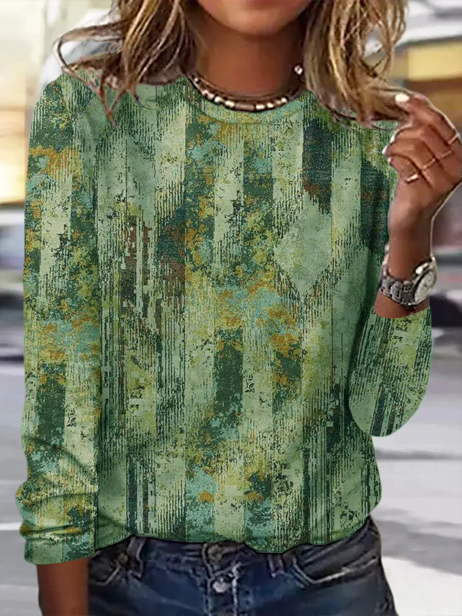Retro Abstract Colorful Print Crew Neck Casual Long Sleeve Blouse