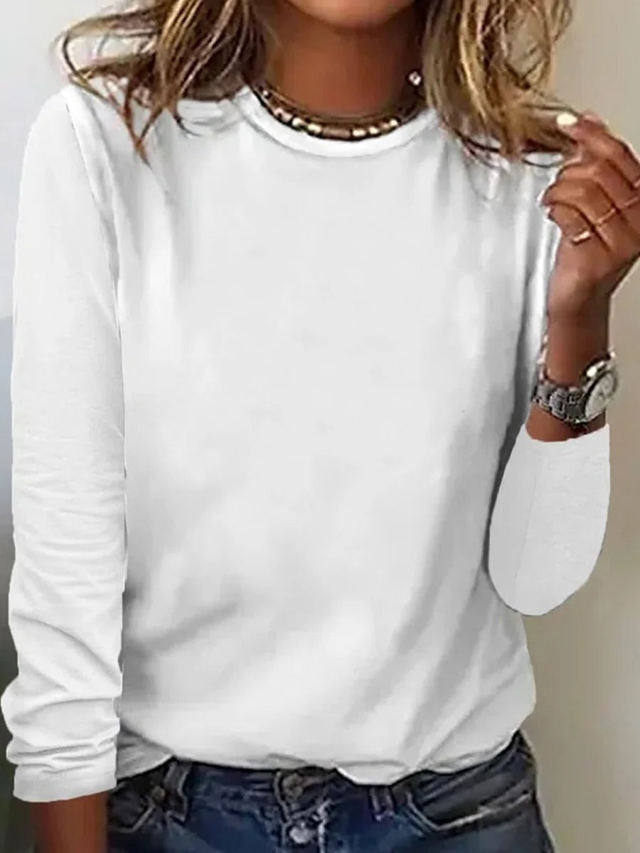 Plain Cotton-Blend Crew Neck Long Sleeve Simple Blouse