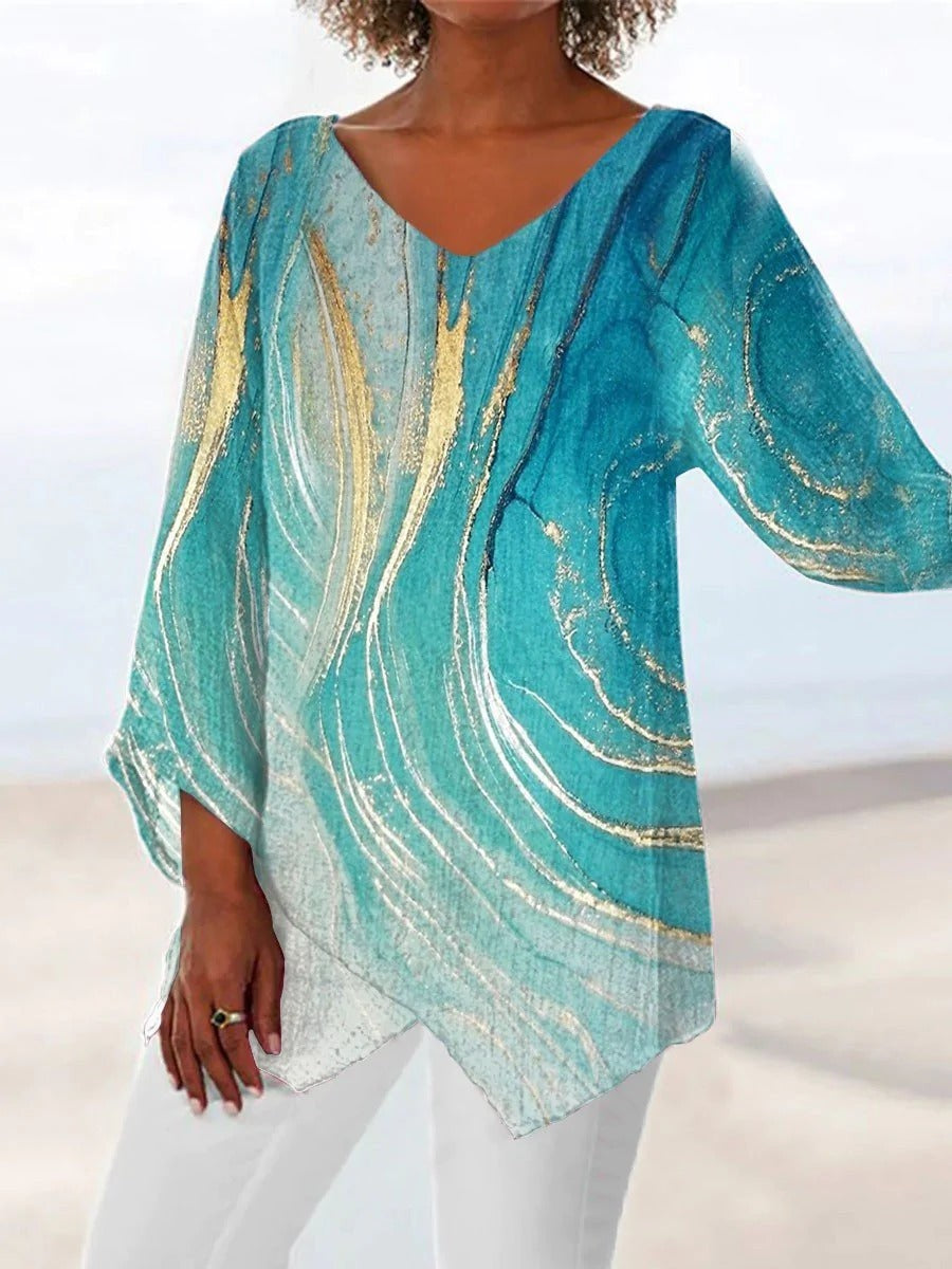V Neck Marble Print Irregular Hem Long Sleeve Blouse