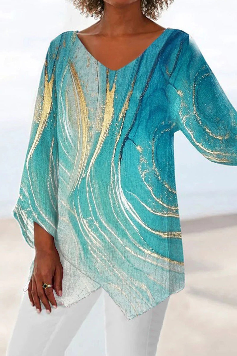 V Neck Marble Print Irregular Hem Long Sleeve Blouse