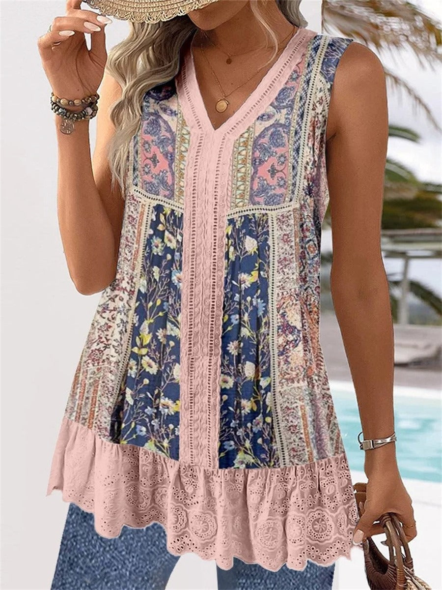 Graphic V-neck Sleeveless Tops