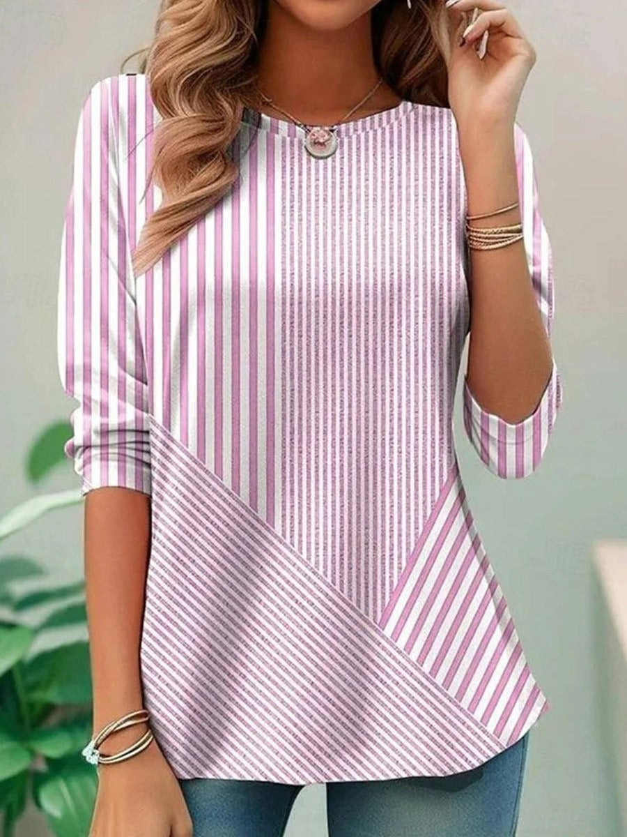 Pink Striped Round Neck Long Sleeve T-Shirt