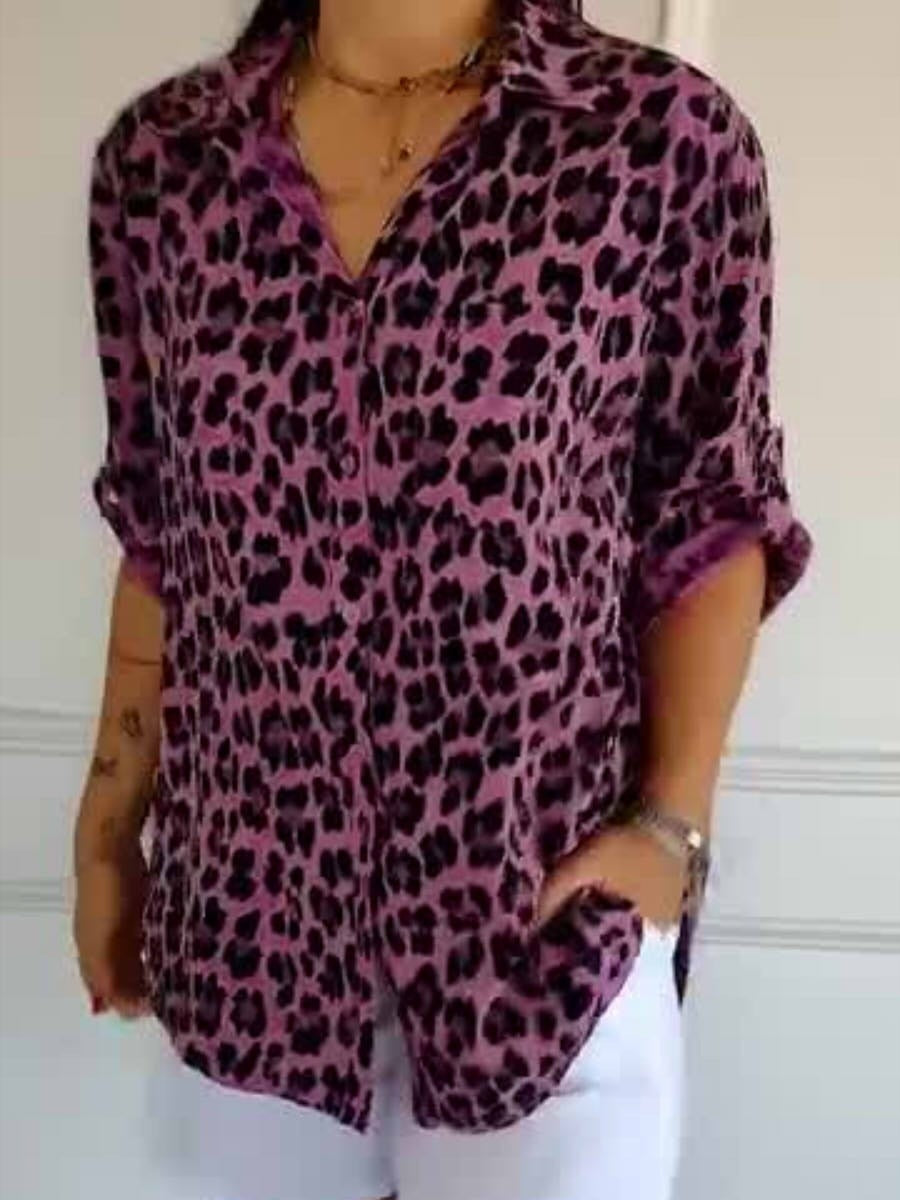Leopard Print Round Neck Long Sleeve Tops