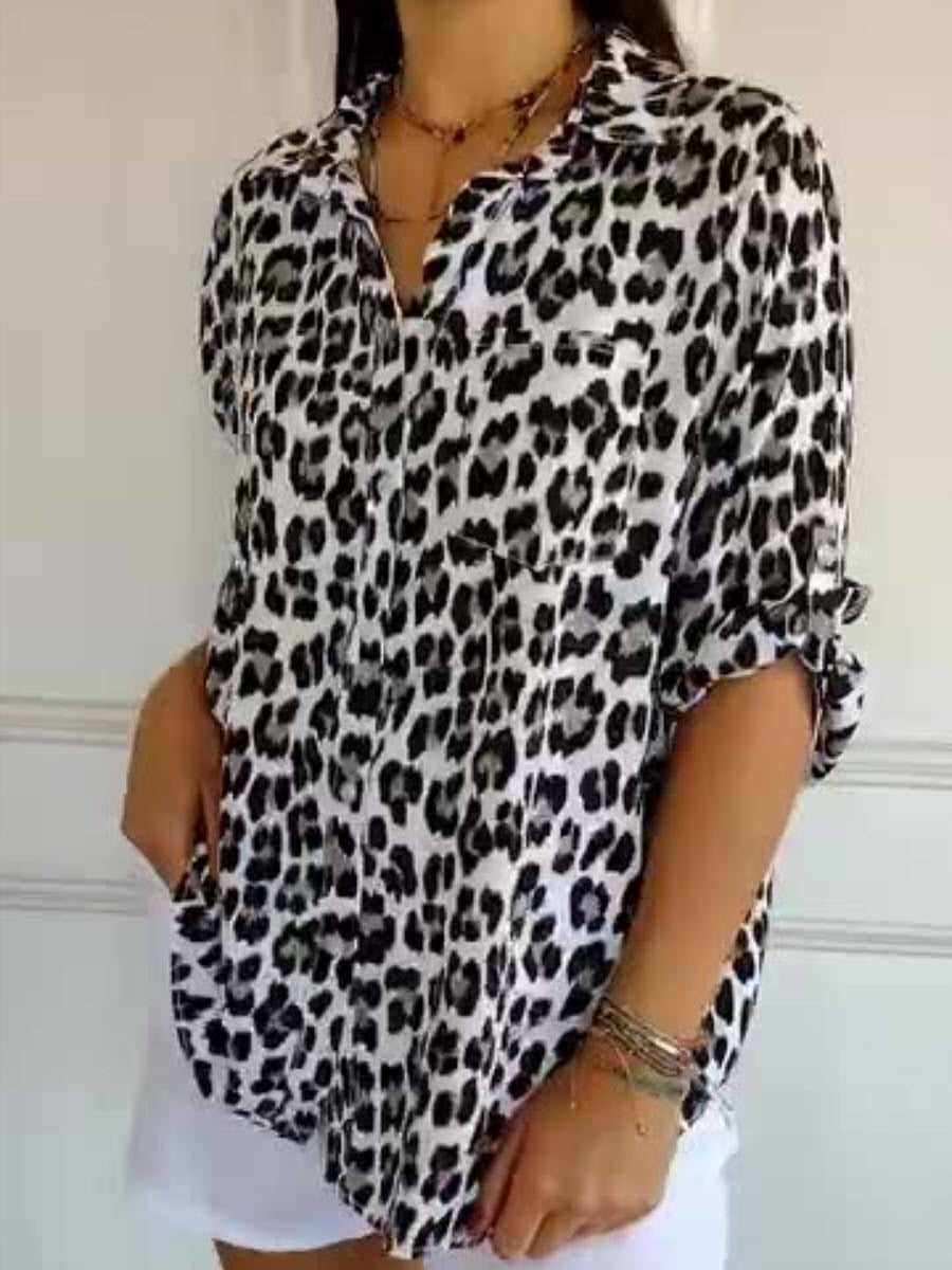 Leopard Print Round Neck Long Sleeve Tops