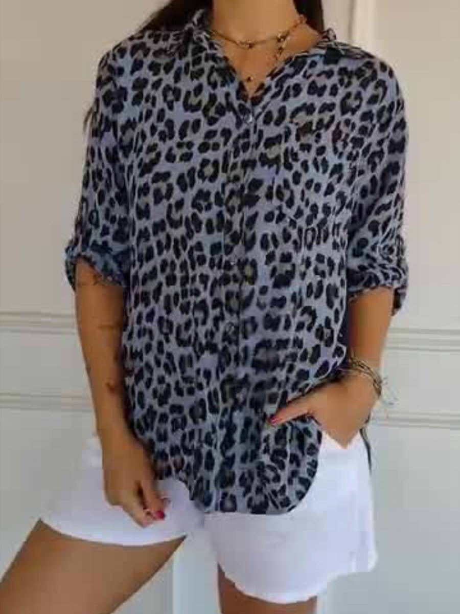 Leopard Print Round Neck Long Sleeve Tops