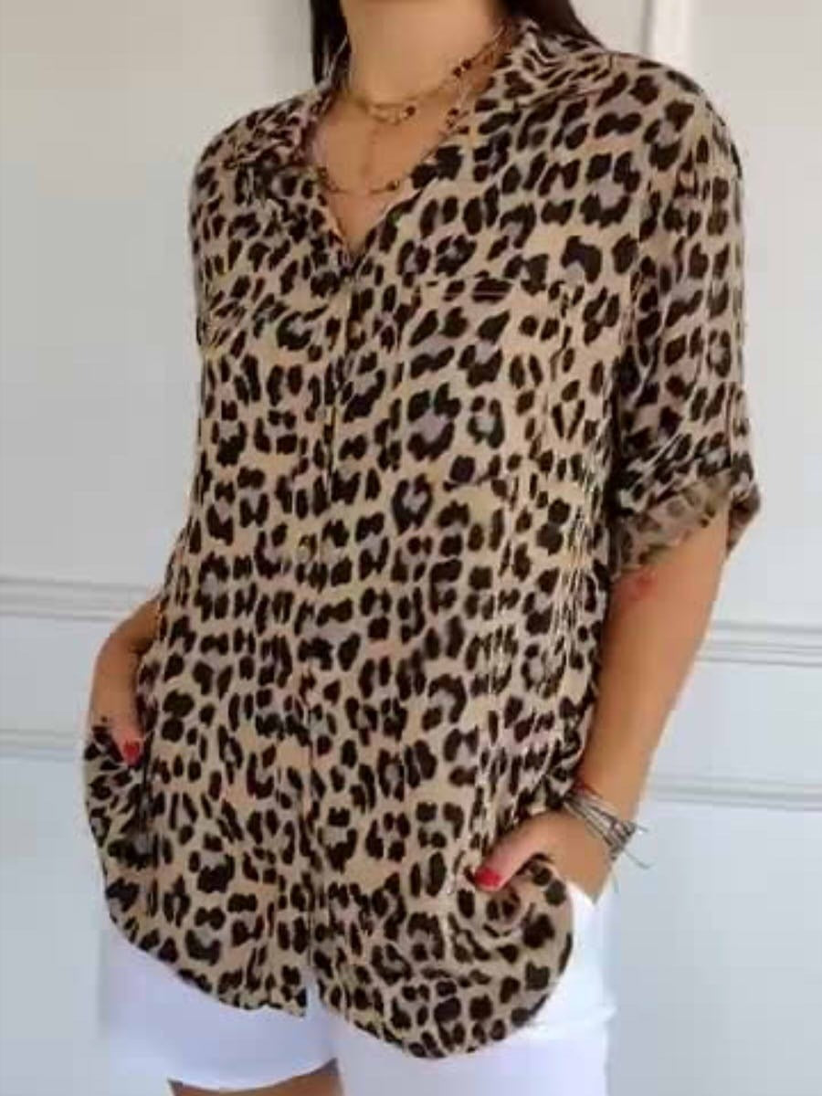 Leopard Print Round Neck Long Sleeve Tops