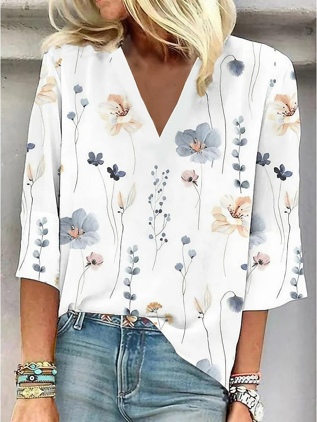 Loose Casual Plain V-Neck 3/4 Sleeve Blouse
