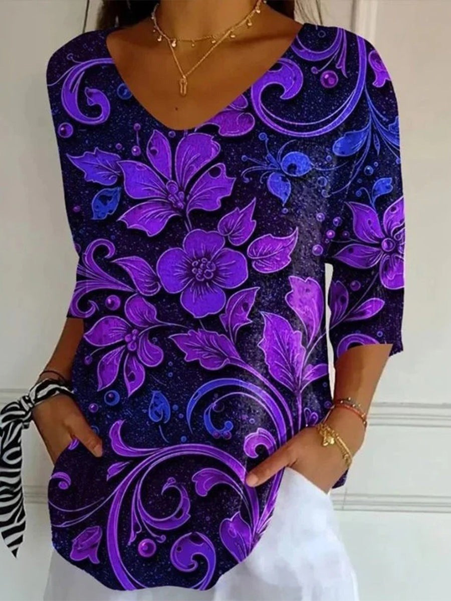 Floral Print V-neck 3/4 Sleeve T-Shirt