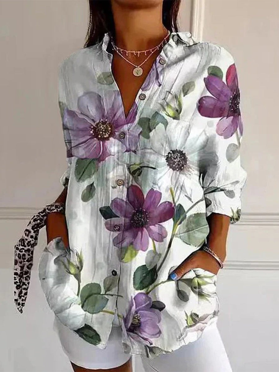 Floral Print Lapel Long Sleeve Casual Blouse