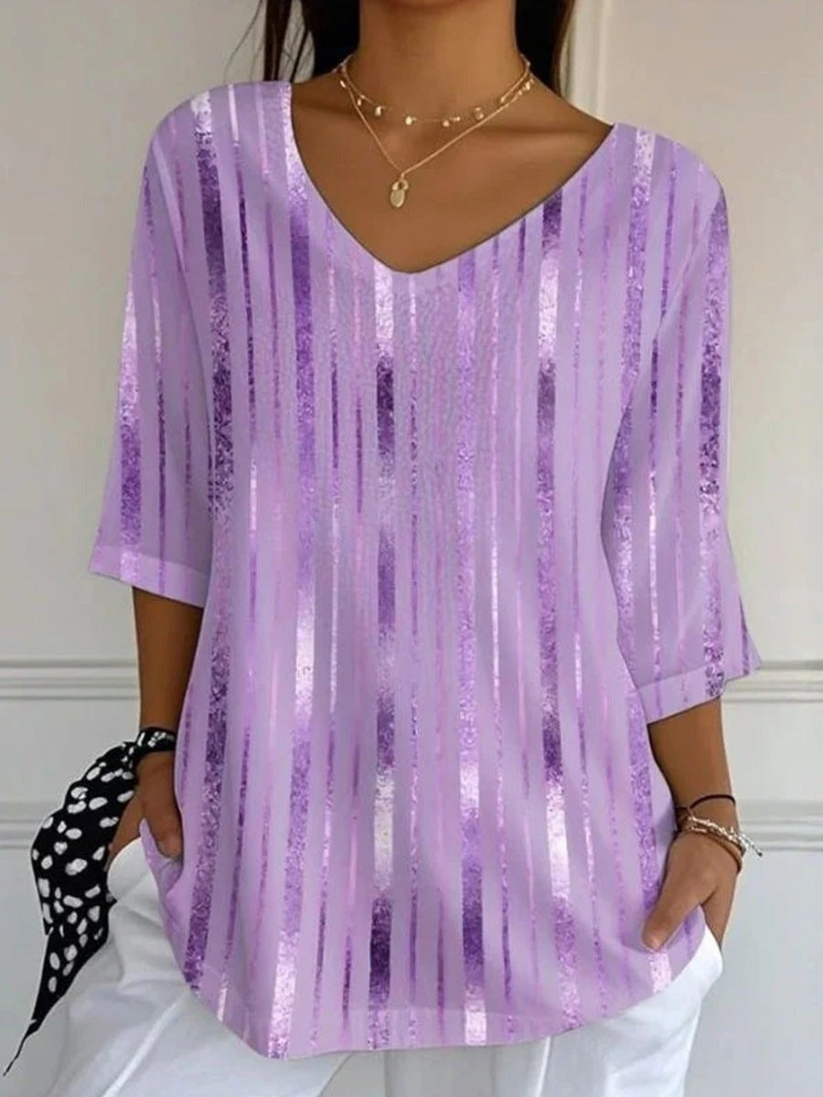 Purple Striped Print V-neck 3/4 Sleeve Loose Blouse