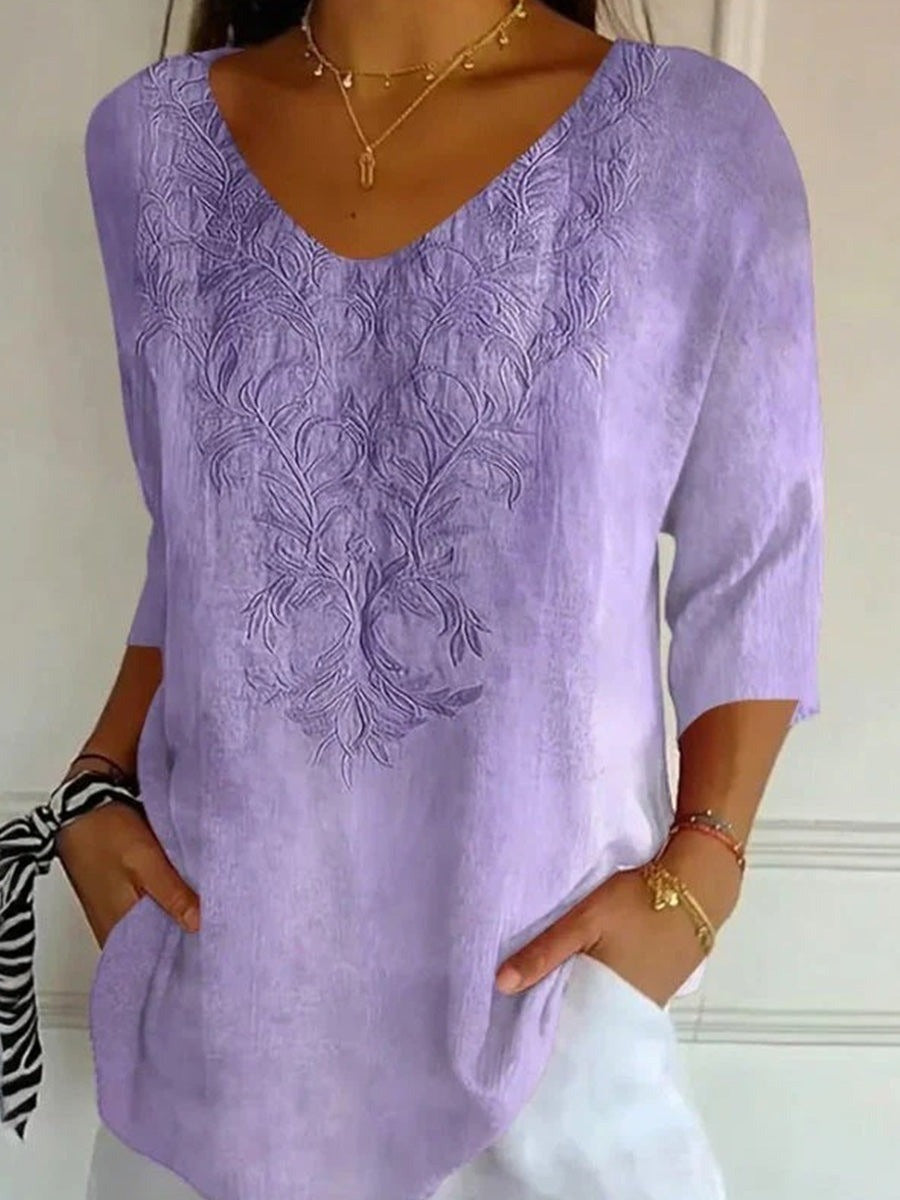 Vintage Solid Color V-neck 3/4 Sleeve Loose Blouse