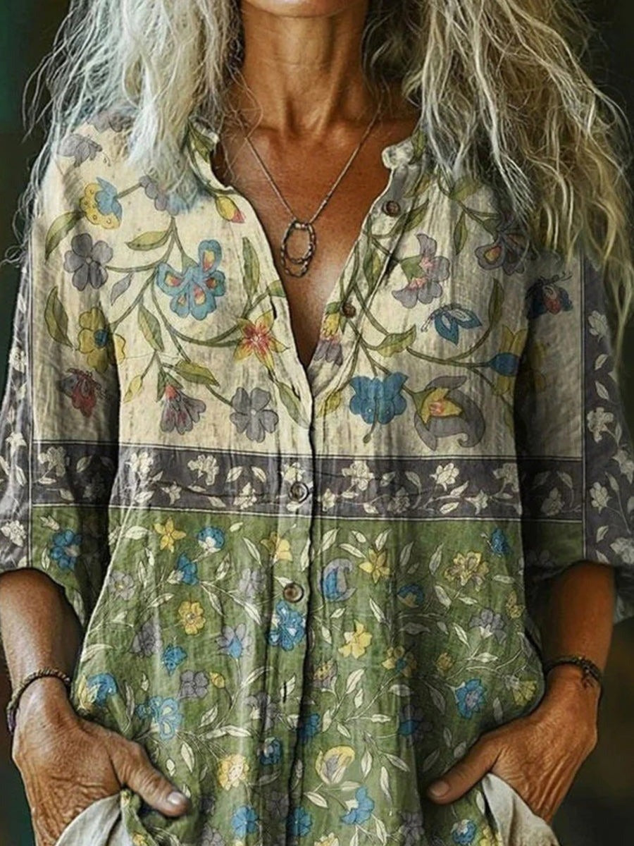 Vintage Floral Print Lapel Long Sleeve Loose Blouse