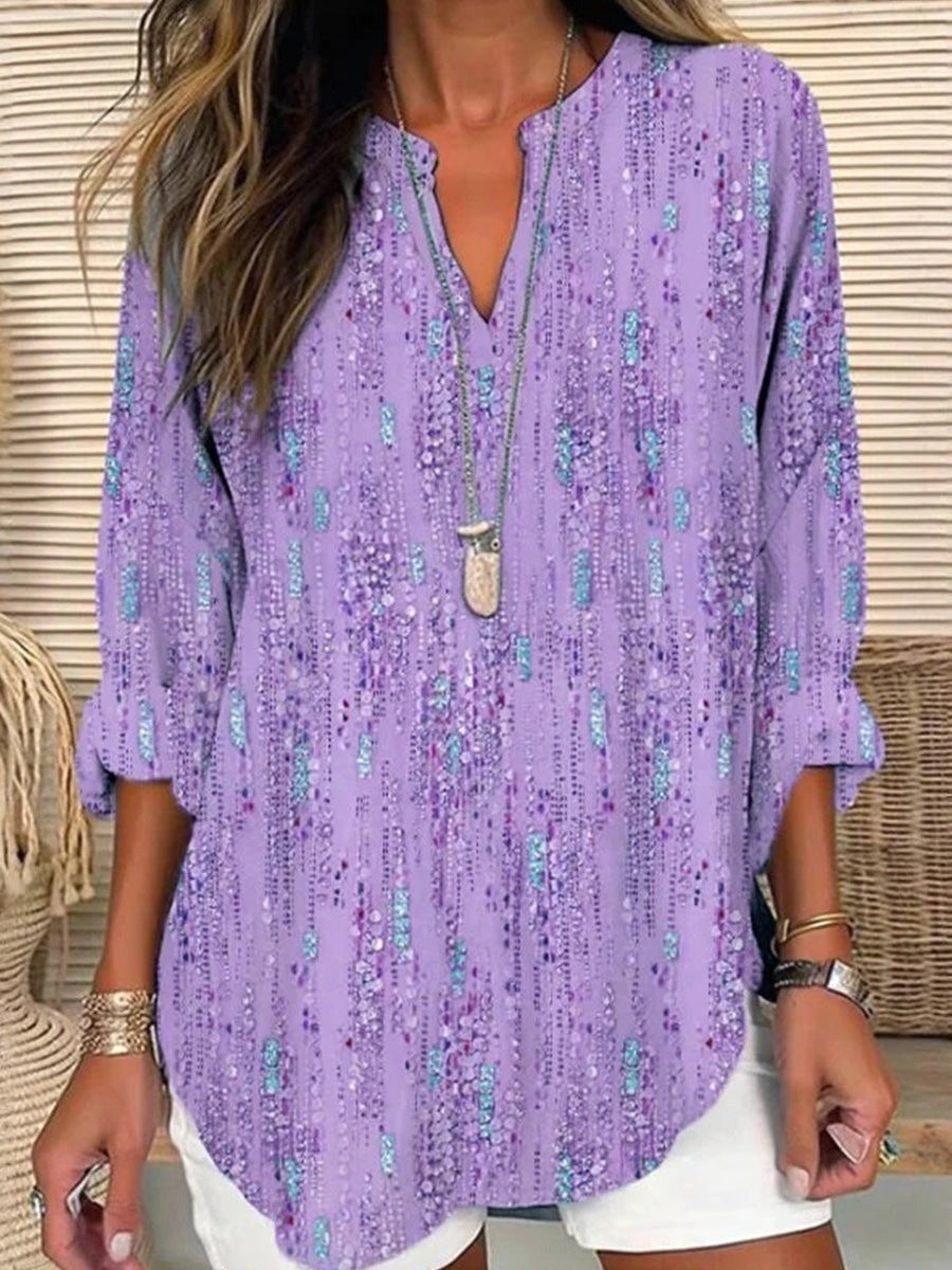Chic Lavender Purple Sparkling Sequin Print V-Neck Long Sleeve Casual Blouse