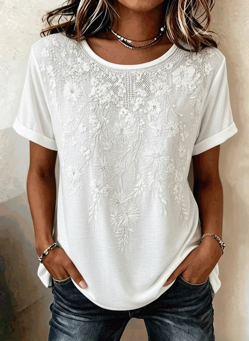 Vintage Floral Crew Neck Short Sleeve 3D Embroidery Loose T-shirt