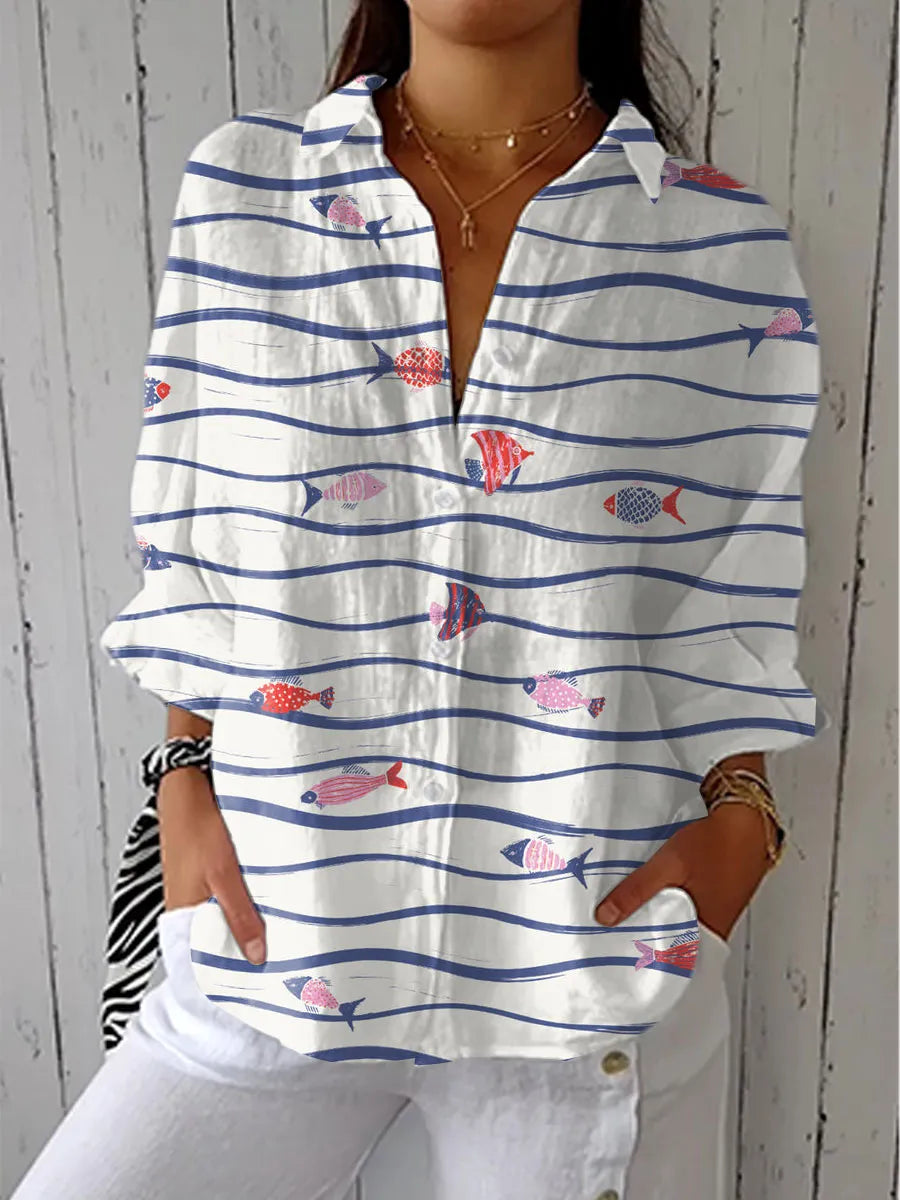 Striped Multicolor Fish Print Collared V Neck Linen Loose Button Down Shirt With Side Pockets