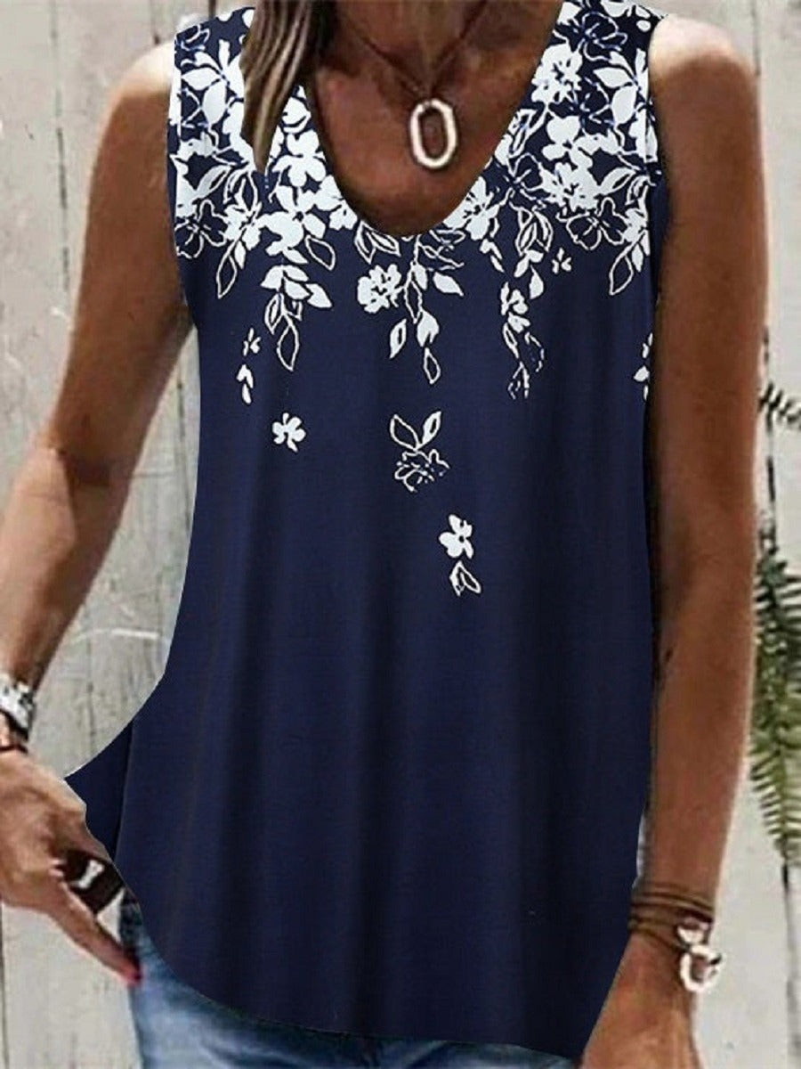 Dark Blue Casual V Neck Floral Printed Sleeveless Tank Top