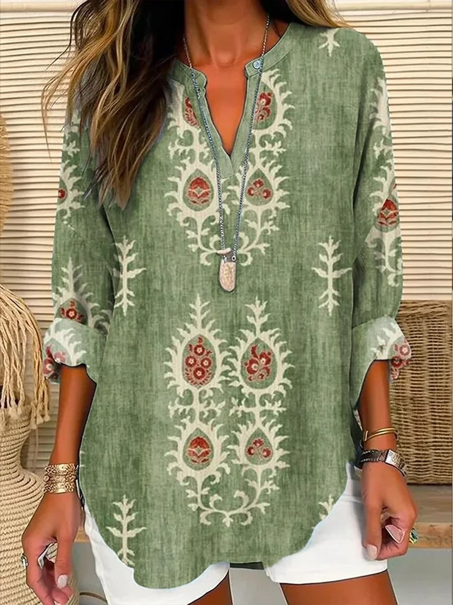 Green Long Sleeve Ethnic Style Regular Loose Blouse