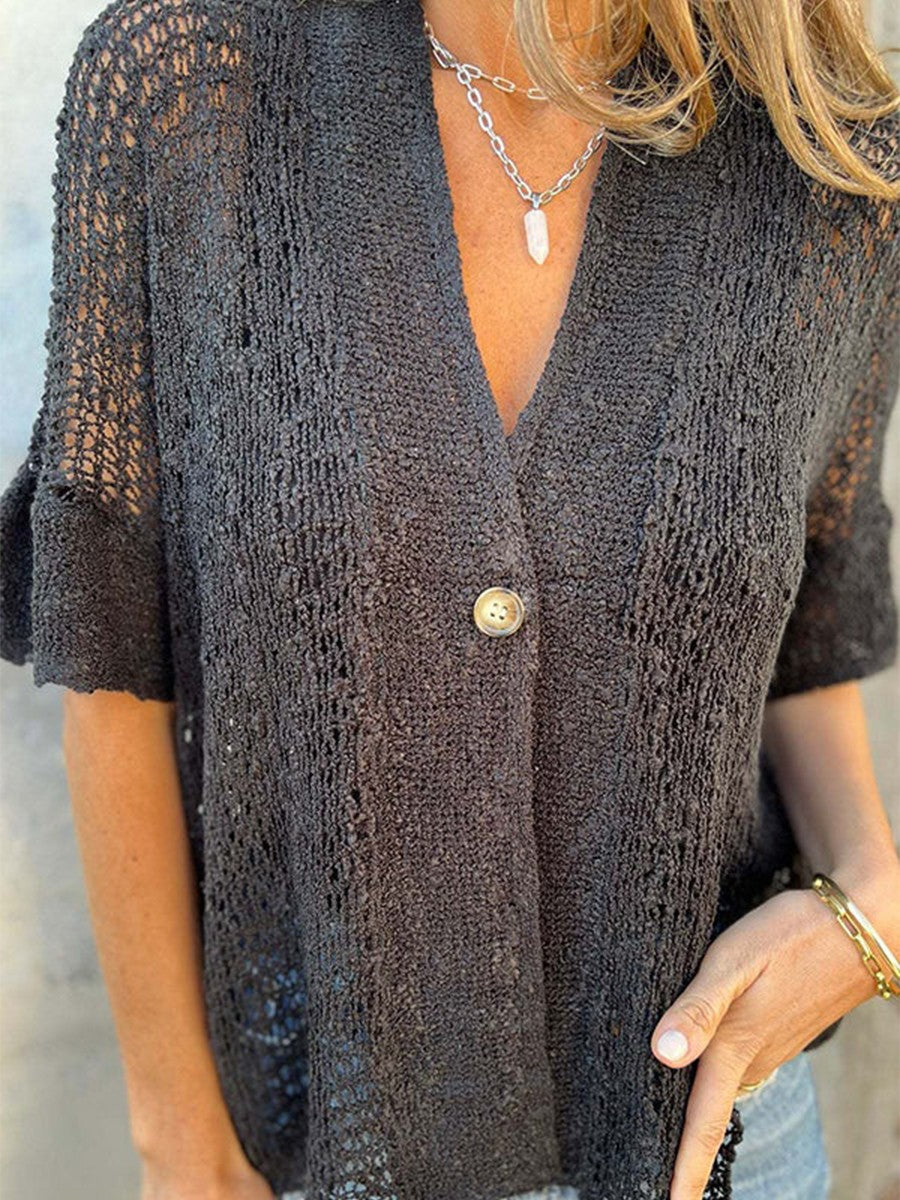 Solid Color Hollow Sleeve V-Neck Button Knitted Top