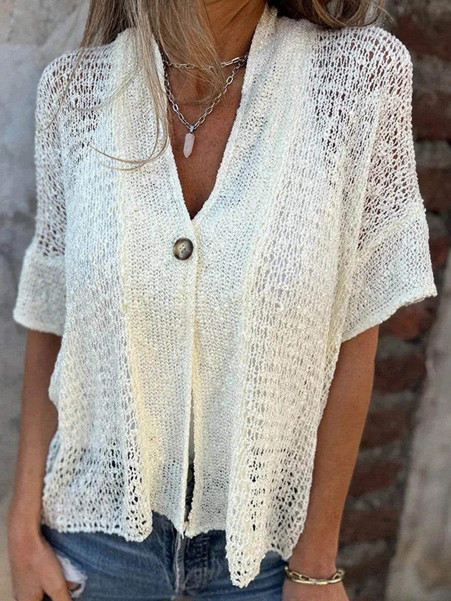 Solid Color Hollow Sleeve V-Neck Button Knitted Top