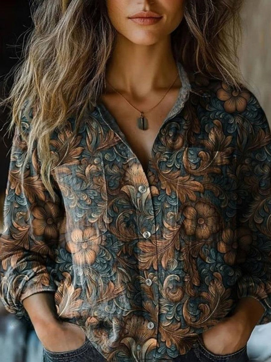 Vintage Floral Lapel Neck Long Sleeve Blouse