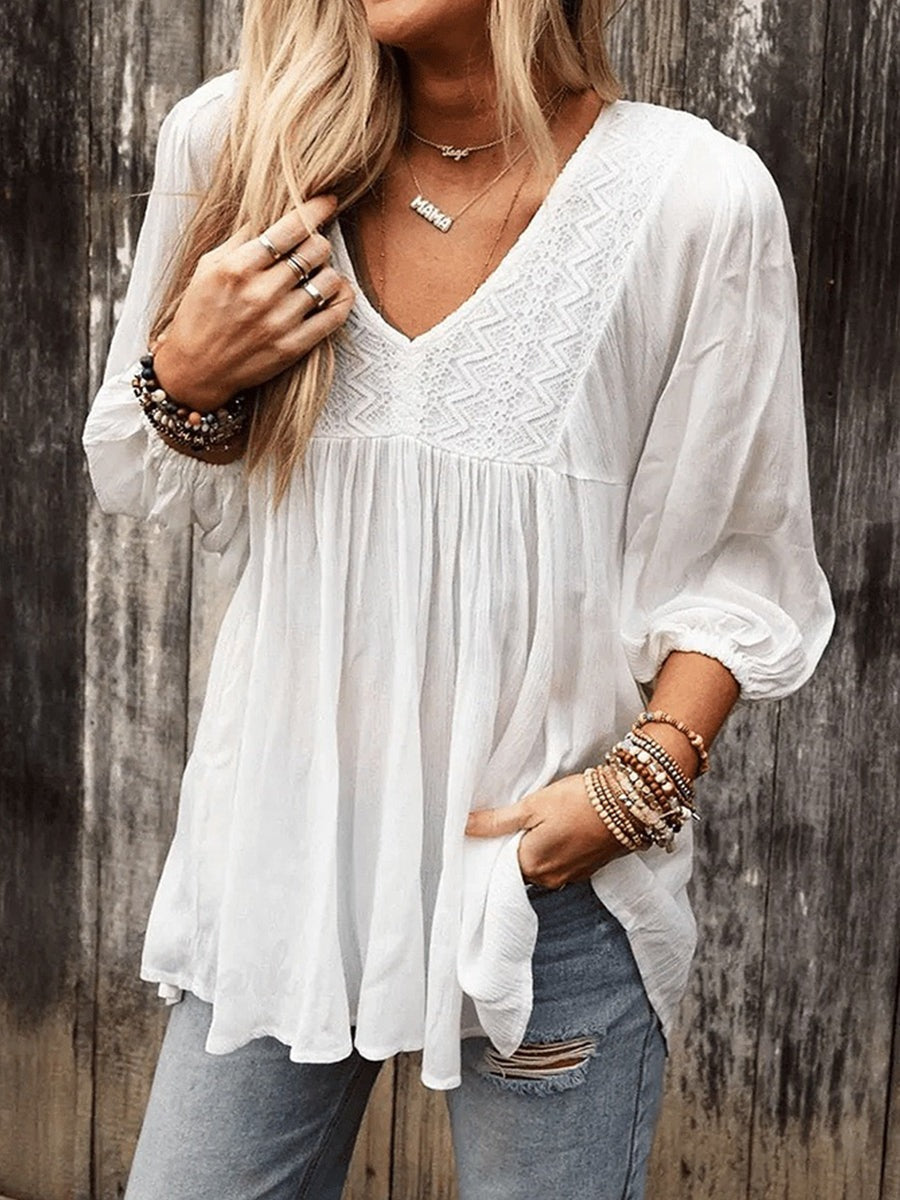 Retro Ruffled V-neck Puff Sleeve Top