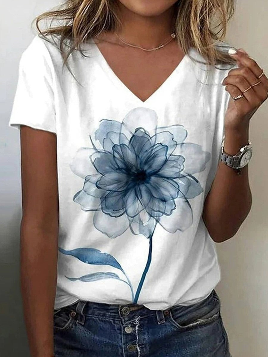 V-Neck Blue-and-White Floral Graphic T-Shirt