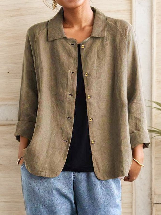 Plain Buckle Shawl Collar Cotton And Linen Loose Shirt