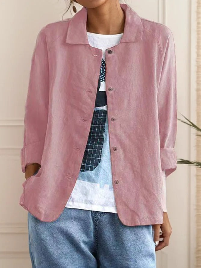 Plain Buckle Shawl Collar Cotton And Linen Loose Shirt