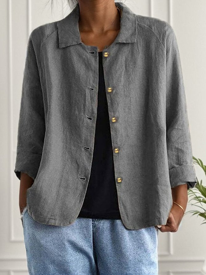 Plain Buckle Shawl Collar Cotton And Linen Loose Shirt