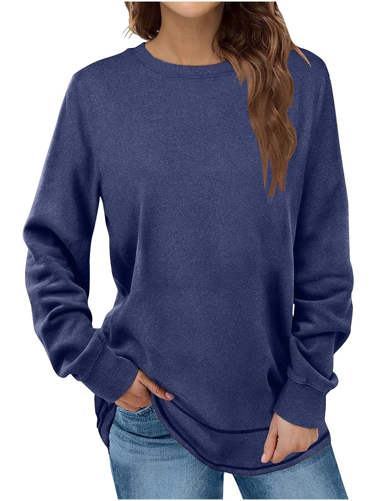 Plain Crew Neck Long Sleeve Loose T-shirt
