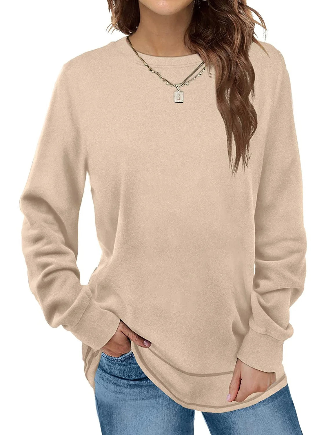 Plain Crew Neck Long Sleeve Loose T-shirt