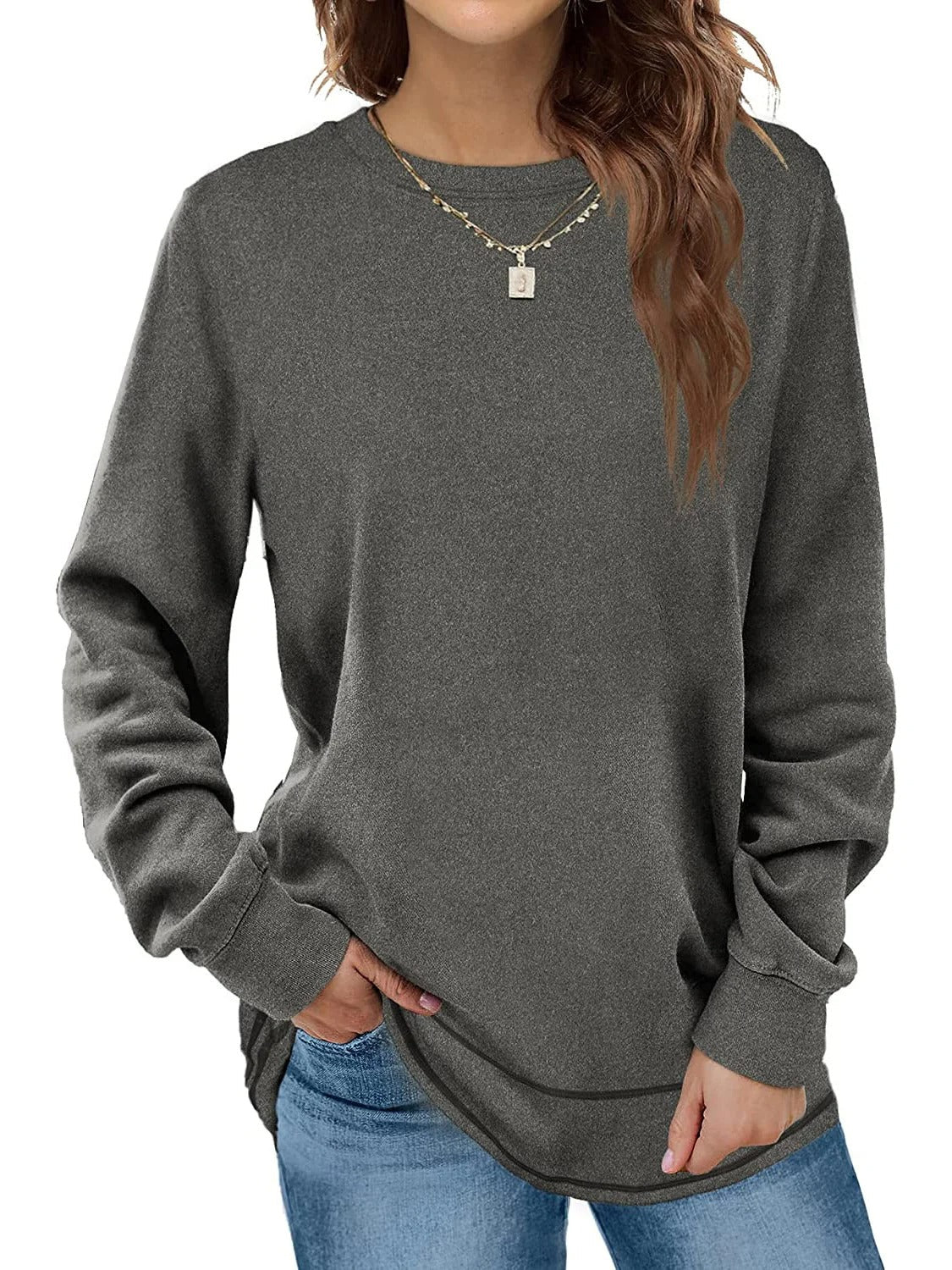Plain Crew Neck Long Sleeve Loose T-shirt