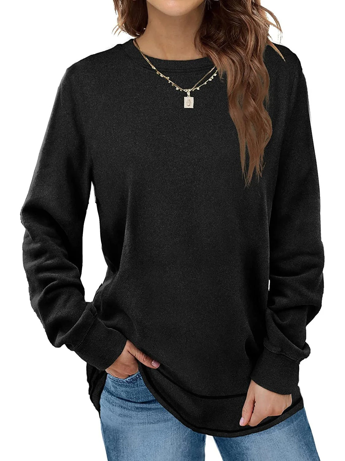 Plain Crew Neck Long Sleeve Loose T-shirt