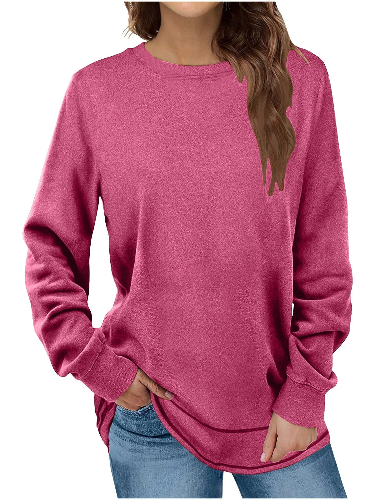 Plain Crew Neck Long Sleeve Loose T-shirt