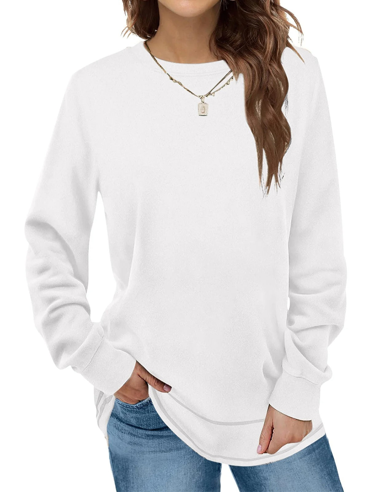 Plain Crew Neck Long Sleeve Loose T-shirt