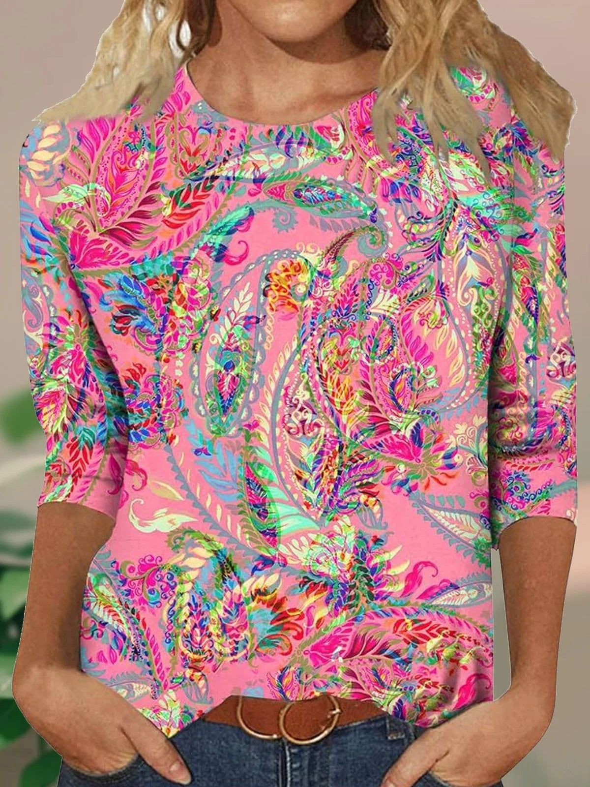 Loose Ethnic Crew Neck T-Shirt Casual Wear