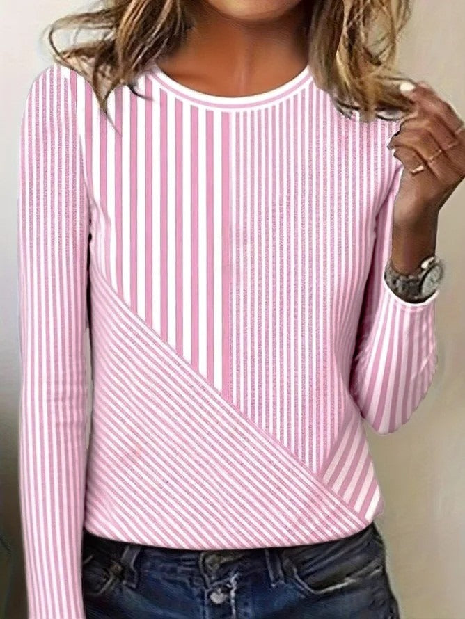 Regular Fit Commuter Striped Round Neck Long Sleeve Tops