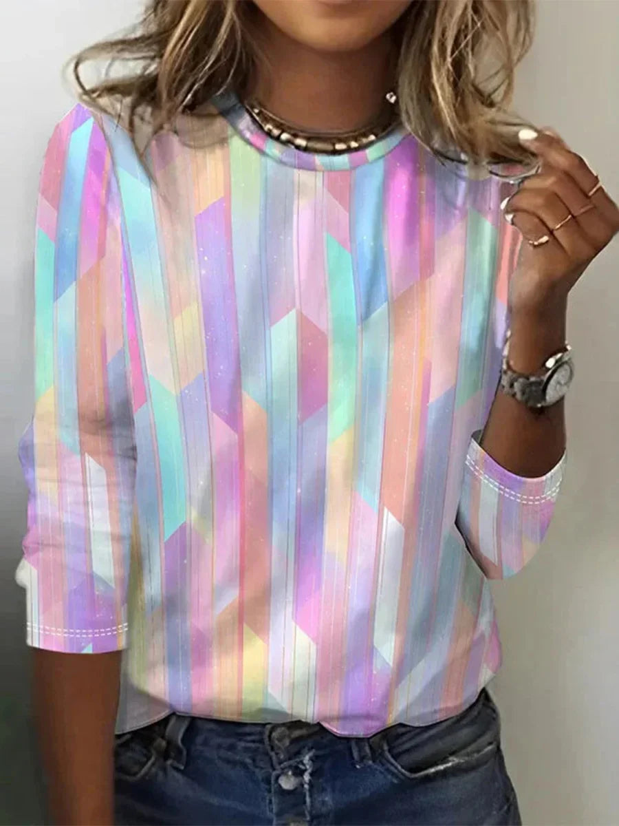 Casual Colourful Round Neck Long Sleeve T-Shirt