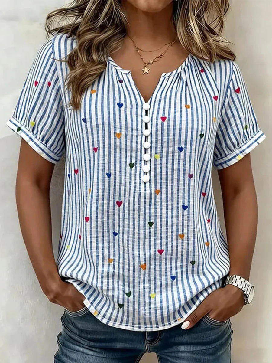 Heart Print Striped V-neck Short Sleeve Blouse