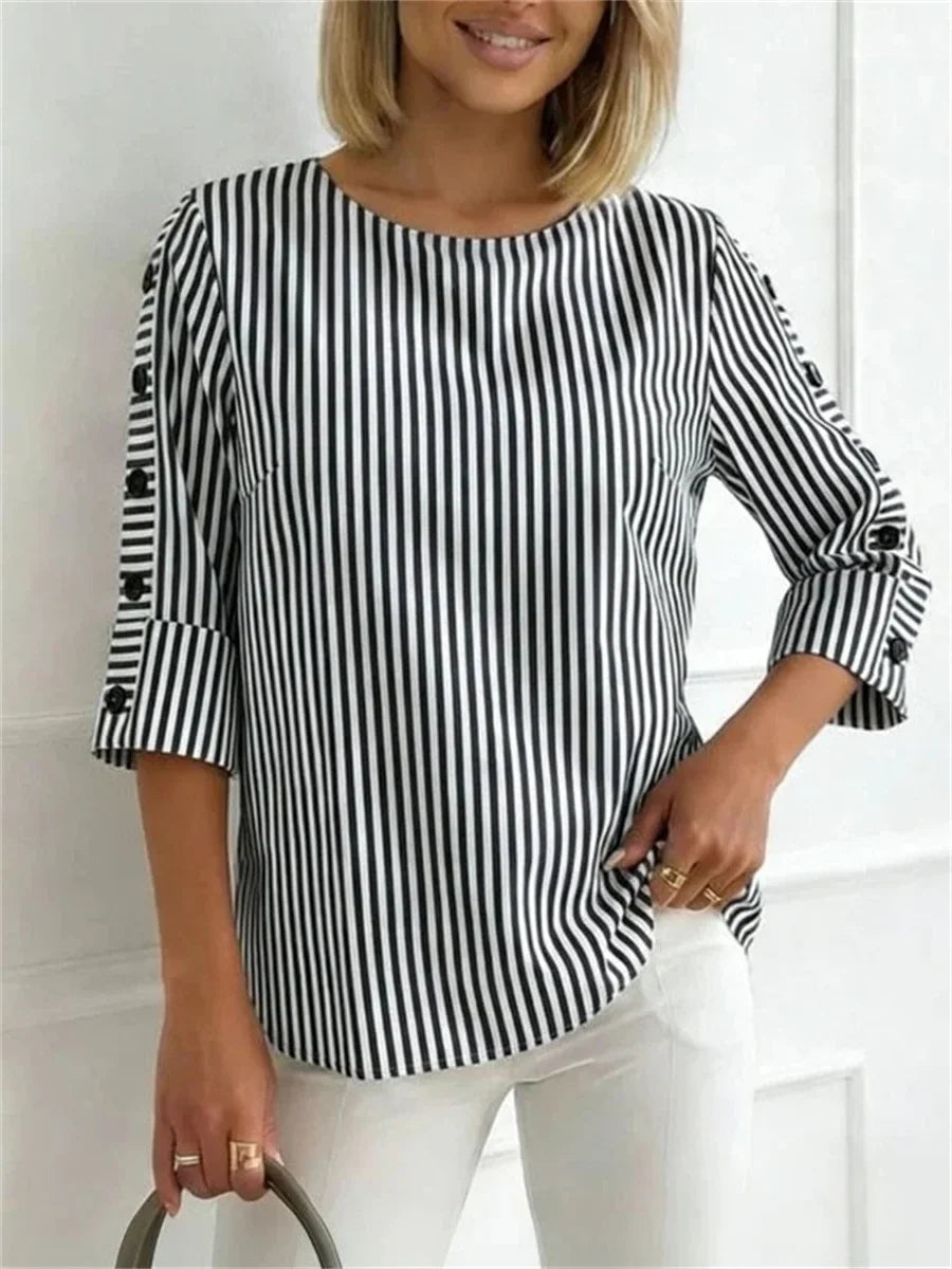 Casual Striped Round Neck 3/4 Sleeve Blouse