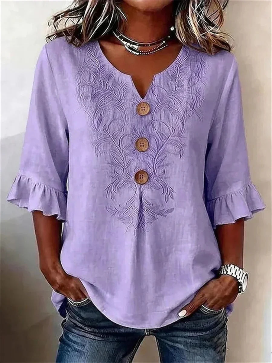 Vintage Leaf Print 3/4 Sleeve Blouse